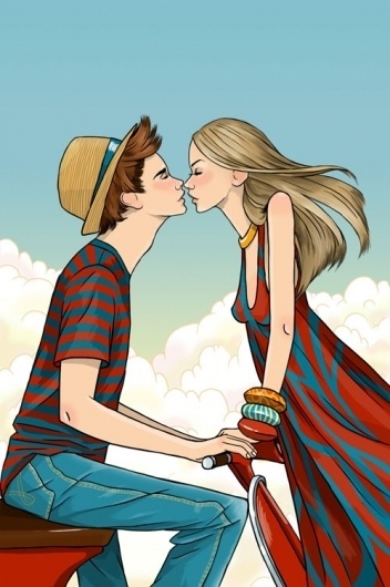 | Anna Lazareva Illustration #red #girl #boy #breeze #hat #summer #blue #moped #kiss