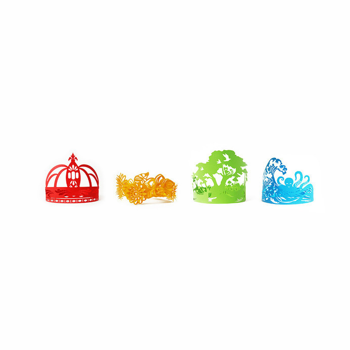 Paper Crowns #ocean #yellow #flower #paper #king #flowers #green #crown #princess #design #lasercut #handmade #party #tree #orange #sculptures #summer #blue #queen #waves #gift #octapus #birthday #art