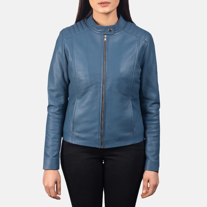Kelsee Blue Leather Biker Jacket For Women 4-1551972280789