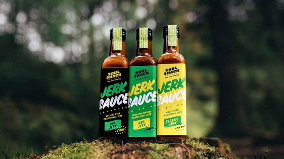 Jerk Sauce Packaging - For Soul Shack we used reclaimed driftwood, oil drums and used zinc roofing as a large part of the brand identity. These experiential factors—burning pimento wood under a hot zinc roof, fresh herbs in tin cans—reinforced the realities of the island-style social eating culture that Longden enjoyed cooking for.