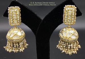 23k Gold and Diamond Polki stick-shaped tops and Jhumki Earring Pair with antiqued hydereabadi pearls - gold diamond polki kundan meena jadau jewellery