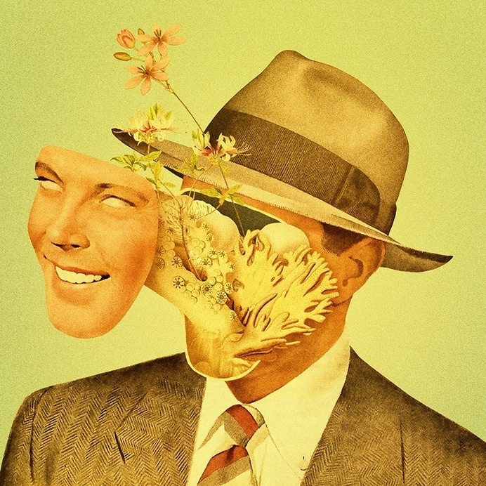 http://facebook.com/dromsjel #collage #face #hat #vintage #flowers #weird #odd #illustration #bizarre