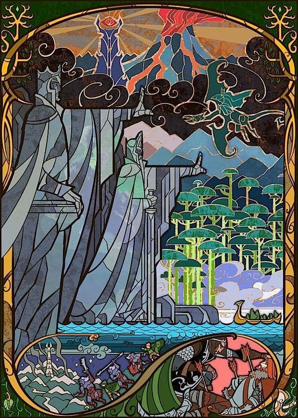 Scenes from Lord of the Rings as stained glass windows #rings #of #lord #the #glass #illustration #window #stained