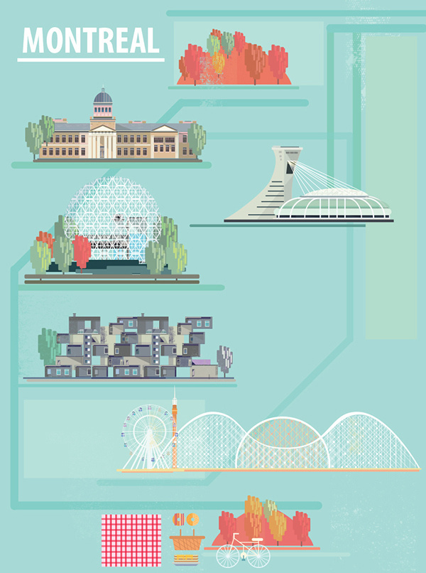 Montreals iconic sights illustrated, Canada #canada #monuments #montreal #design #sights #illustration #art #buildings