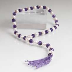 Long beaded Amethyst necklace with tassel hanger