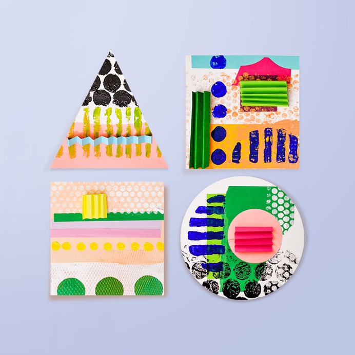 Create simple shape stamp collages from scrap paper and recycled bits!