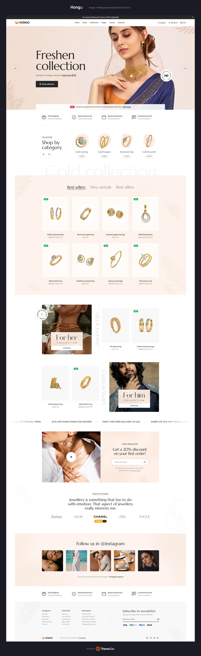 Planning to set up #Shopify #jewellery stores? You need a premium and professional theme created specifically for that purpose. #Hongo is on the top jewellery Shopify #theme on #ThemeForest. You'll get advanced and updated functionalities, like the ability to add sections to all pages. If you like fast-loading Shopify jewellery stores, then surely you'll like Hongo. This jewellery Shopify theme is ready for the latest Shopify version. Whether it will be just you listing products for sale, or you want to create a multi-vendor jewellery store, Hongo can help.