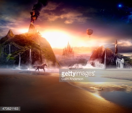 Sun rising over dramatic landscape : Stock Photo