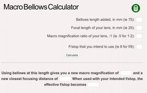 Bellows Macro Calculator. #photoandtips #photographycalculator #photocalculator #weddingphotocalculator #photographercalculator #astrocalculator #macrocalculator #diffractioncalculator #depthoffieldcalculator #microcalculator #spotstarscalculator #timelapsecalculator #businesscalculator #milkywaycalculator #goldenhourcalculator #stackcalculator #closeupcalculator #reverselanscalculator #raynoxcalculator #moonexposurecalculator #sunsetcalculator #sunrisecalculator #studiocalculator #panoramacalculator #photographytips #photography101 #learnphotography #photographybasics