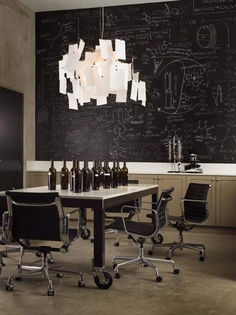 Cool Idea for office/workspace design #interior #lamp #black #chalkboard #brown #light #paper