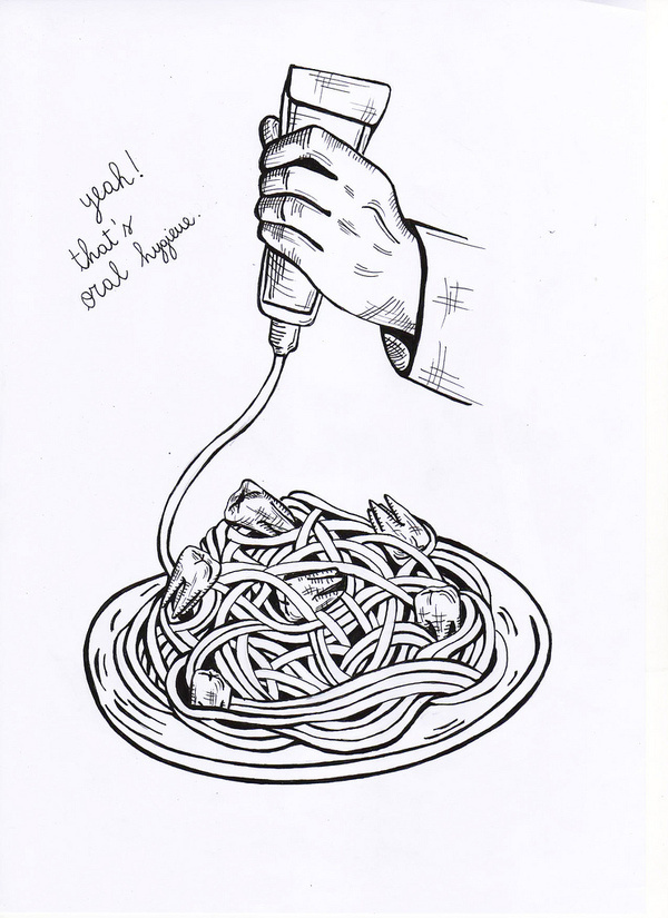 oral hygiene #hygiene #spaghetti #illustration #oral #bw