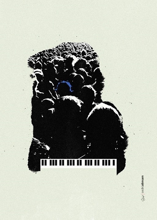 Blue Monkey #piano #negative #crowd #monkey #people #space #worship #illustration #poster #blue
