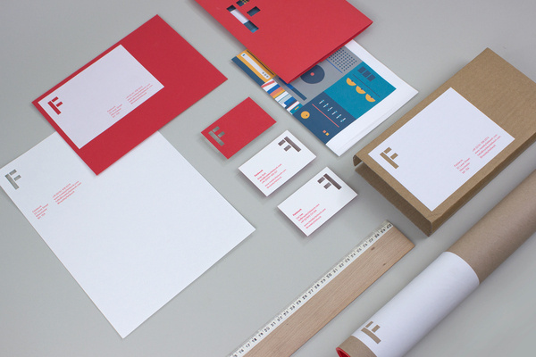 A collection of stationary and packaging using the Fieldwork brand #die #cut #red #business #card #head #letter #stationery #mailer
