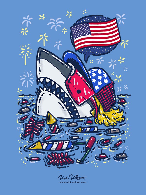 Happy Birthday, America! This shark is dripping in that red, white and blue USA gear and has some fireworks in tow to celebrate the Fourth! USA! USA! USA!