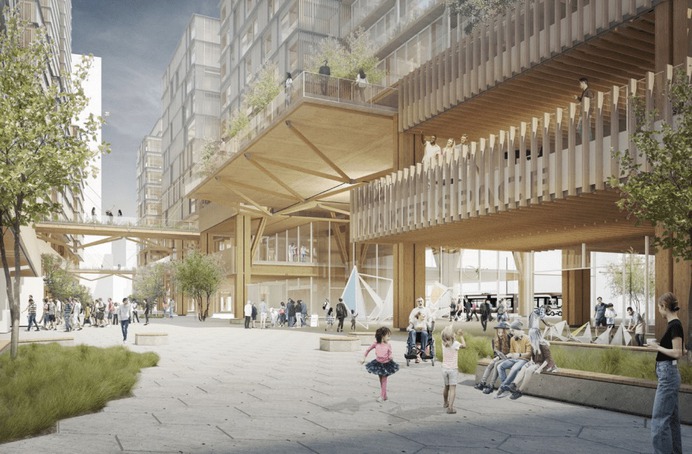 A wooden building complex in an urban environment