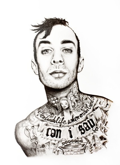 portrait of travis barker, in pencil. #white #barker #black #travis #illustration #portrait #tattoos #pencil #drawing