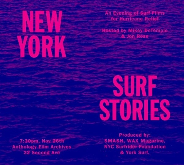 Join an evening of surf movies and hurricane relief, hosted by Mikey DeTemple and Jon Rose. All proceeds will go to Waves for Water. Novembe