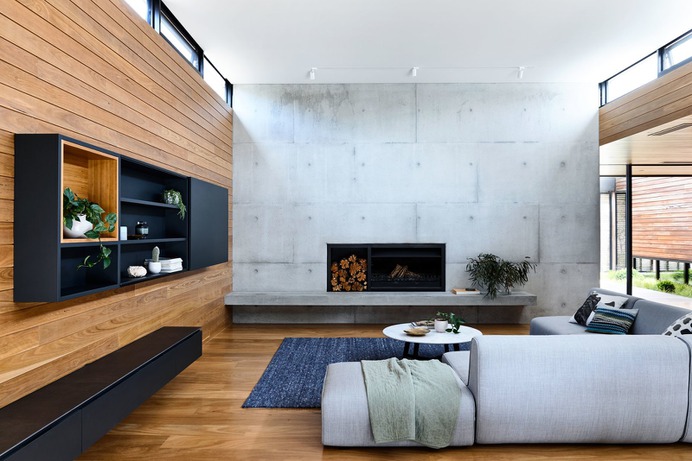 Living Room, Sofa, Medium Hardwood Floor, Wood Burning Fireplace, and Track Lighting Photo 20 of 29 in DS House, Blairgowrie by Planned Living Architects