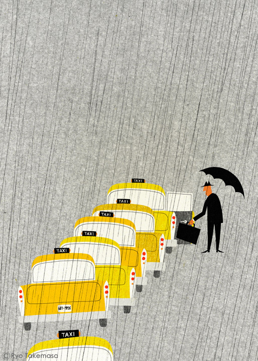 武政 諒 Ryo Takemasa | illustration #umbrella #yellow #rain #taxi #ilustration
