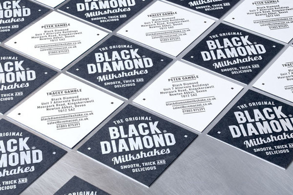 Black diamond shake > Buddy Creative #milkshakes #branding #1950s #business #sweet #diamonds #identity #stationery #type #cards #typography