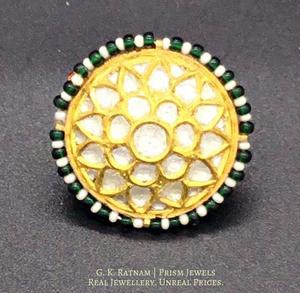 22k Gold and Diamond Polki Borla with Pearls and Green Beads - gold diamond polki kundan meena jadau jewellery