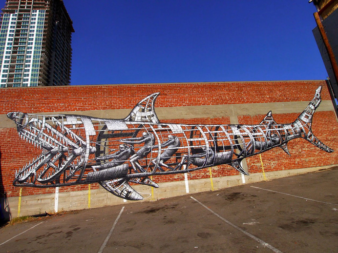 A Mechanical Shark Mural by Phlegm in San Diego street art sharks San Diego murals #mural #art
