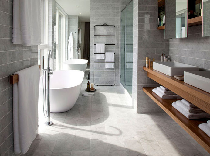 Luxury Penthouse Designed by Amos and Amos carrara marble tiles floor walls bathroom #bath #design #bathroom