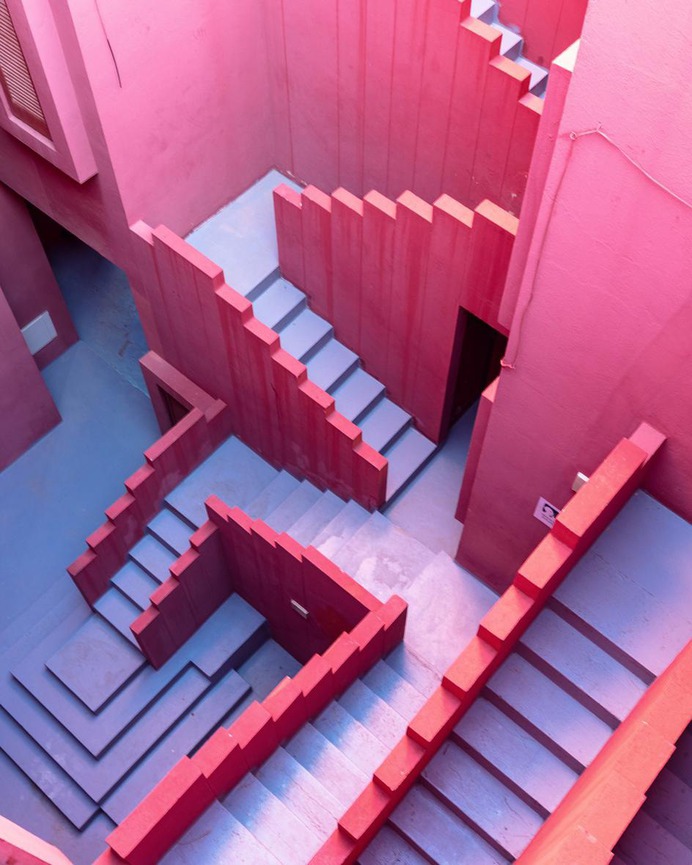 View of staircase in Sebastian Weiss' photo series on Ricardo Bofill's 'La Muralla Roja' in Calp, Spain