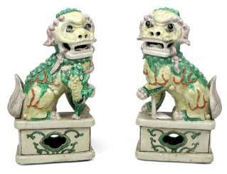 Two yellow and green glazed Fo dogs, made of porcelain #Sets #Teasets #Porcelainsets #Antiqueplates #Plates #Wallplates #Figures #Porcelainfigurines #porcelain