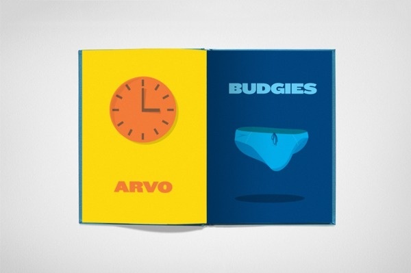 A-Z of Aussie Slang #aussie #yellow #book #budgie #smugglers #spread #illustration #slang #speedo #clock #blue
