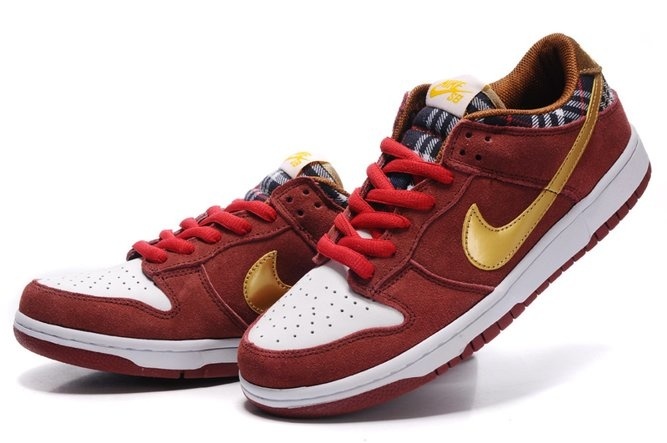 Nike Dunk Sb Low 2012 New Cut Mens Tartan Dark Red Gold