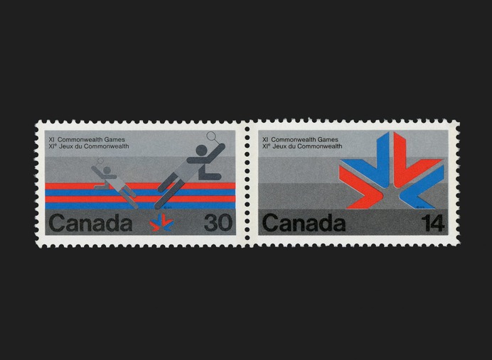 The 11th Commonwealth Games, held in Edmonton in 1978, featured cycling, weightlifting, badminton, wrestling, boxing, swimming, shooting, bowls, and track & field, including a marathon. Canada had the opportunity to choose a tenth sport for 1978 and selected gymnastics. The stamps were released as a series of six — 3 X 14¢ and 3 X 30¢. Each designed to work in colour aligned 'se-tenant' pairs each set against an elegant background of horizontal bands of silver and grey, common to all.