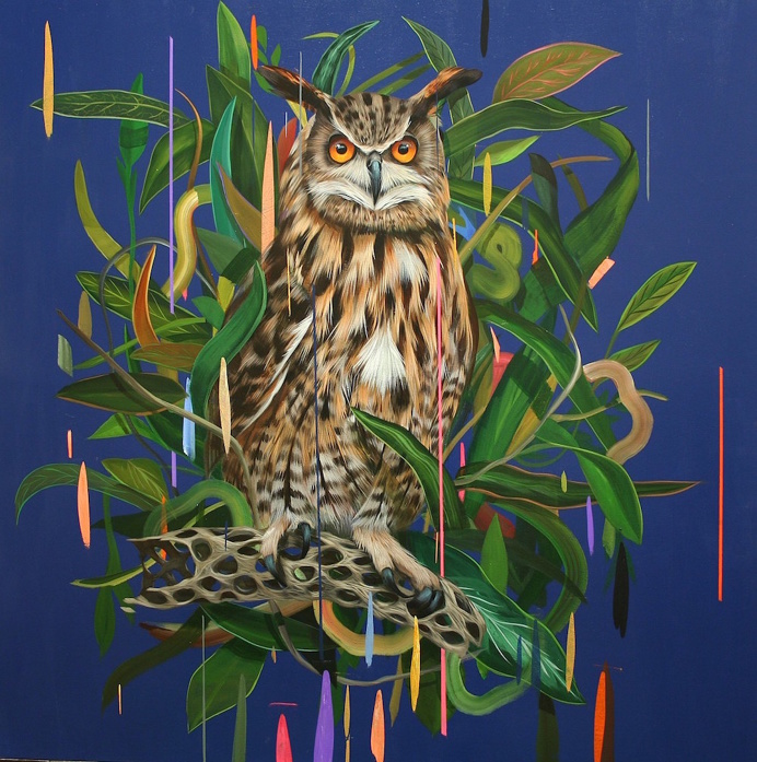 "Mirando al Futuro" (2015), acrylic on panel, 36″ x 36″ by Frank Gonzales #bird #owl #rain