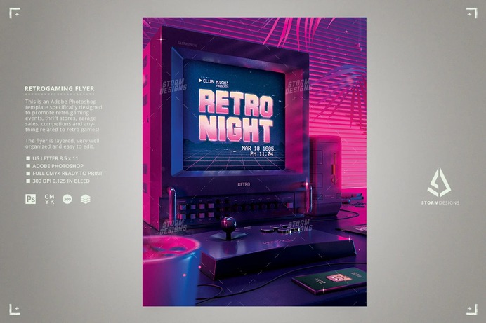 Vaporwave Game Night Flyer PVM Monitor Template
