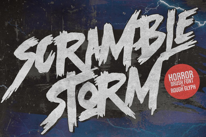 Scramble Storm, Bold handmade Rough Brush Font with ligature and Multilanguage support.
Best for halloween poster, horror poster, childrenbook, cartoon, comic etc

