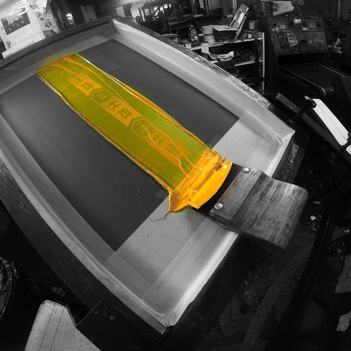 Handcrafted sleeve design inked up and ready to go. Available online and in store. www.joyce.is/selling #screenprint #ink #yellow #minneapolis #snowplow #JOYCE