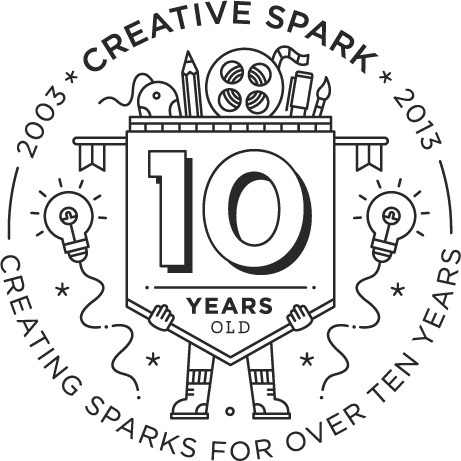 'Creating Sparks for over ten years' Birthday stamp icon design by Robyn Makinson. #white #icon #black #illustration #and