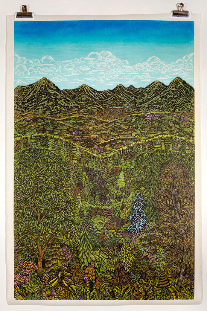 landscape, trees, green, mountain, woodcut, tugboat printshop, printshop