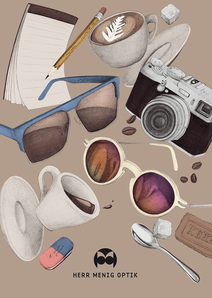 Ad illustration for Herr Menig Optik, an optician in Nürnberg Germany - www.philippzm.com #glasses #optician #sunglasses #illustration #add #coffee