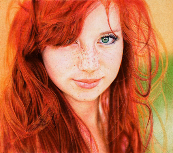 Amazing Portrait Drawn with Ballpoint Pens by Samuel Silva #redhead #hyperrealism #portrait #pen #drawing