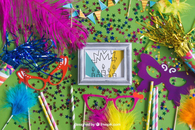 Birthday mockup design with party items Free Psd. See more inspiration related to Frame, Mockup, Birthday, Party, Design, Template, Color, Celebration, Web, Website, Confetti, Carnival, Mock up, Decoration, Mask, Decorative, Celebrate, Birthday party, Website template, Mockups, Feathers, Entertainment, Up, Birth, Web template, Carnival mask, Realistic, Colored, Leisure, Items, Real, Mock ups, Mock and Ups on Freepik.
