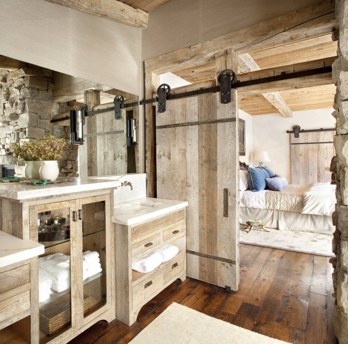 Rustic Bathroom Vanities Concept Adding Cheerfulness to Rustic Bathroom : Rustic Bathroom Vanities And Sliding Barn Door In Rustic Bathroom #wood #reclaimed #bathroom