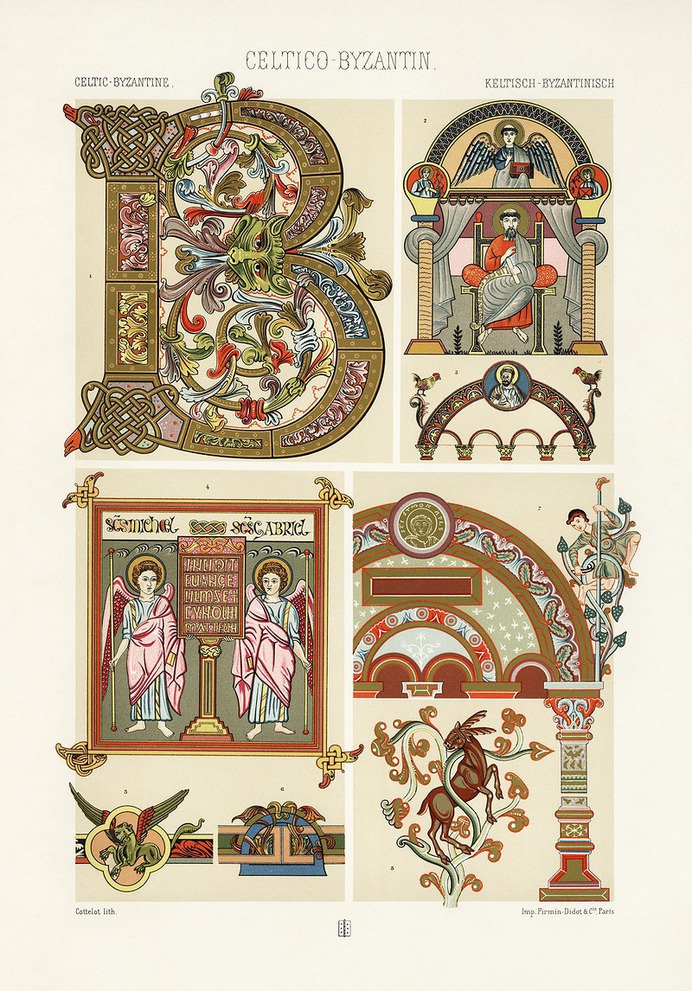 Celtic-Byzantine pattern from L'ornement Polychrome (1888) by Albert Racinet (1825–1893). Digitally enhanced from our own original 1888 edition.