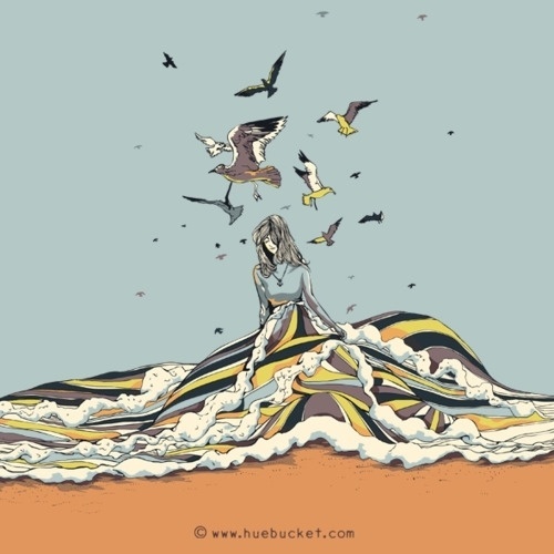 HUEBUCKET #ocean #clothing #girl #wave #bird #walking #dress