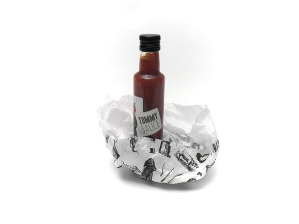 Sauce Packaging on Behance #sauce #tissue #red #pattern #bottle #brown #wrapping