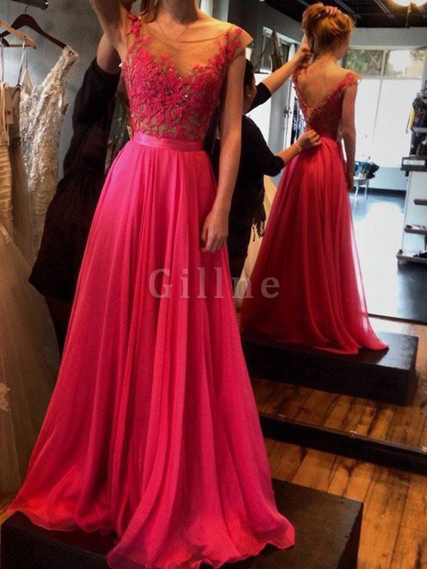 Abito da Sera A-Line Alta Vita con Applique in Chiffon Senza Maniche