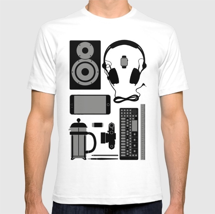 Objects T-shirt at Søciety6 #leica #vinylrecord #camera #speaker #headphones #op1 #frenchpress #applewatch #pencil #brush #rickardarvius