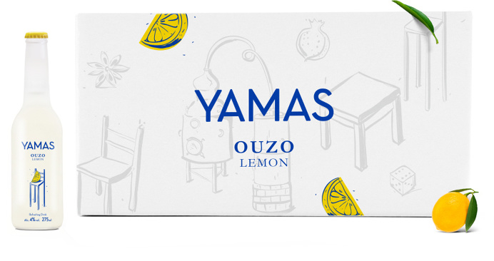 #yamas #greek #drink #packaging #label #silkscreen #illustration #surreal #sandblast #citrus #box