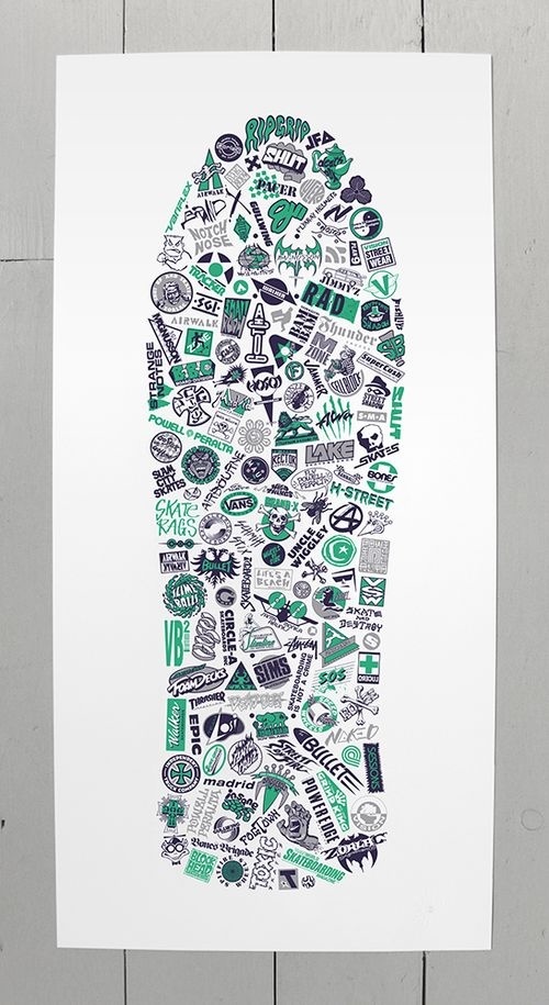 Collection of vintage (1980's) skateboard logos, redrawn and arranged within the shape of a classic 80's skate deck. Green 801 screen print #vectorart #logos #limitededition #collection #screenprint #logo #skate #vintage #skateboard