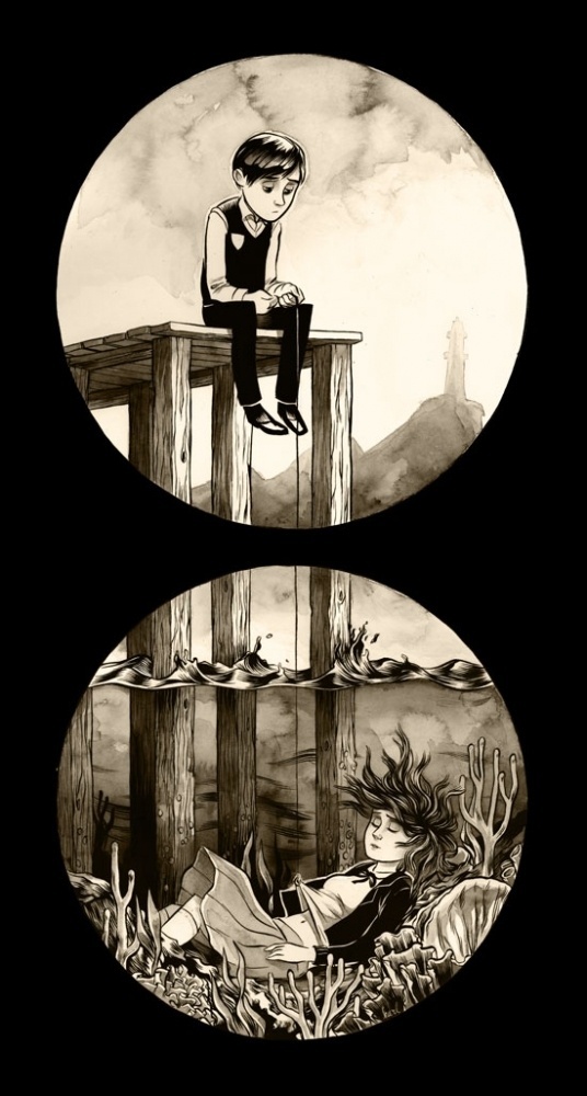 MONAUX ~ Illustration & Hand-made Typography » Personal Work I #monaux #girl #boy #pier #lighthouse #oce #drown #sad